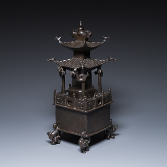 A Chinese inscribed bronze 'square pagoda' censer and cover, 17/18th C.