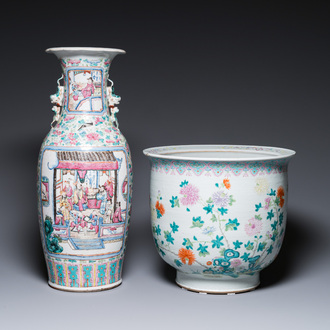 A Chinese famille rose jardinière and a vase, 19th C.