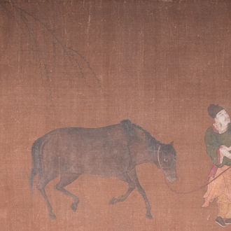 Bo Yuan 伯遠: 'Un palefrenier mène un cheval', encre et couleurs sur soie, probablement Ming
