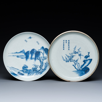 Two Chinese blue and white 'Bleu de Hue' plates for the Vietnamese market, Ngoan Ngoc mark and seal mark, 19th C.