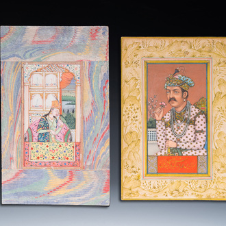 Ecole indienne, deux miniatures: 'Portrait d'Akbar le Grand, le troisième empereur moghol' et 'Portrait d'une princesse', 19ème