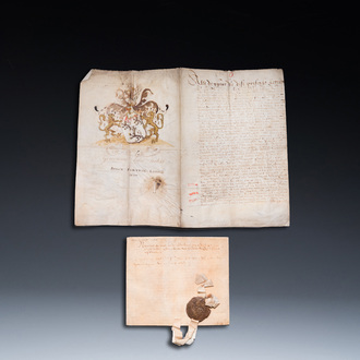 Un manuscrit à sujet armorié sur parchement et un deuxième daté 1587 et avec un sceau, Flandre, 16ème