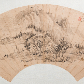 Ecole chinoise: 'Paysage montagneux', encre sur papier d'éventail, daté 1883