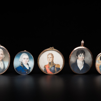 Cinq portraits miniatures, France, Angleterre et/ou Allemagne, 19ème