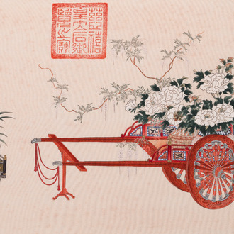 Navolger van Qu Zhaolin 屈兆麟 (1866-1937): 'Drie karren met bloemen',  inkt en kleur op papier, gedateerd 1945