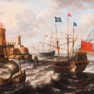 Peter van den Velde (1634-1723/1724, attr. à): 'Vue d'un port avec quatre navires en mer', huile sur toile