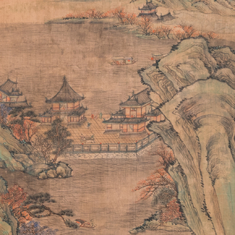 Suiveur de Qiu Ying 仇英 (1494-1552) : 'Paysage montagneux aux pavillons', encre et couleurs sur soie, daté 1545 mais probablement postérieur