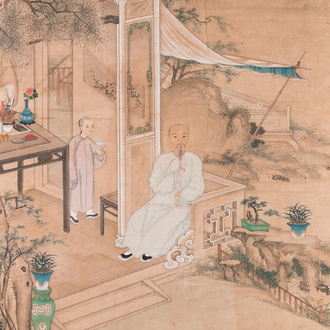 Ecole chinoise: 'Un lettré et son serviteur sur une terrasse', encre et couleurs sur papier, 18/19ème