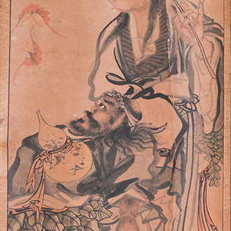 Japanse school, navolger van Sesson Shukei 雪村周継 (1504 – c. 1589): 'Twee onsterfelijken', inkt en kleur op papier