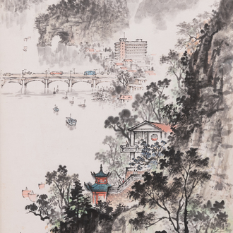 Qian Songyan 錢松嵒 (1899-1986) : 'Paysage aux bâtiments modernes', encre et couleurs sur papier, daté 1974