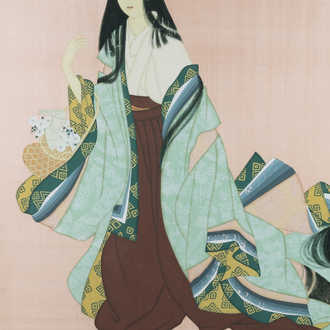 Ecole japonaise, suiveur d'Uemura Shoen (1875-1949) : 'Jeune femme au panier de fleurs', Showa, 20ème