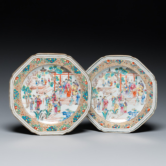 A pair of Chinese octagonal famille rose 'mandarin subject' plates, Qianlong