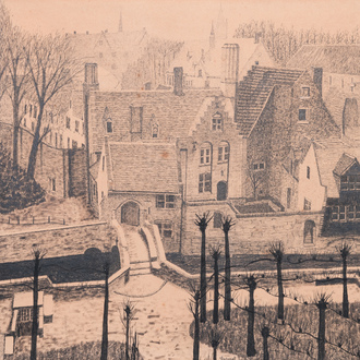 Léon De Smet (1881 – 1966): 'Zicht op de Bonifaciusbrug in Brugge', inkt en potlood op papier