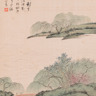 Attributed to Pu Xinyu 溥心畬 (1896-1963): 'Landscape with scholars under the willow', ink and colour on silk