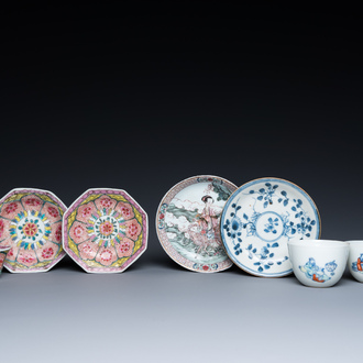 Four Chinese saucers and three cups in blue and white, doucai and famille rose porcelain, Kangxi and later