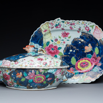 A large Chinese famille rose 'tobacco leaf' tureen and cover on stand, Qianlong