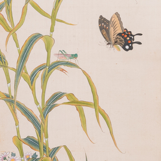 Zhao Hao 趙浩 '石佛' (1881-1949): 'Deux cailles et insectes', encre et couleurs sur soie, daté 1928