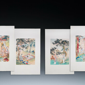 Hu Yefo 胡也佛 (1908-1980): 'Vier scènes uit de Xi Xiang Ji', inkt en kleur op papier