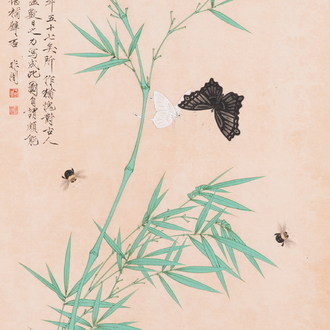 Attributed to Yu Fei'an 于非闇 (1889-1959): 'Bamboo and insects', ink and colour on silk, dated 1945