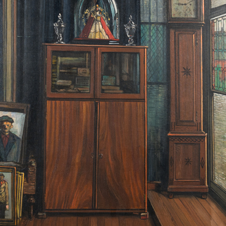 Achille Van Sassenbrouck (1886-1979): 'Ons kasje', zicht op het interieur van de kunstenaar, olie op doek