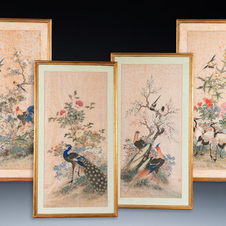 Wang Chengxun 王承勳 (19/20ème): 'Quatre oeuvres aux oiseaux', encre et couleurs sur soie, République