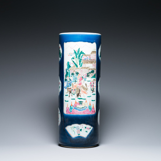 A large Chinese blue-ground famille rose cylindrical vase, 19th C.