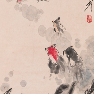 Wang Ziwu 王子武 (1936-2021): 'Poissons rouges', encre et couleurs sur papier