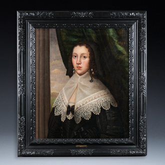 Ecole hollandaise: Portrait d'une jeune femme au col de dentelle, huile sur toile, daté 1642