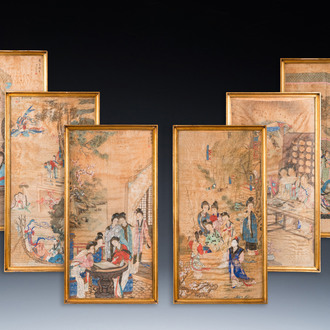 Wang Chengxun 王承勳 (19/20ème): 'Six oeuvres romantiques sur la vie dans la Chine ancienne', encre et couleurs sur soie