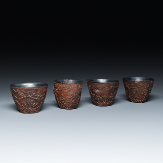 Quatre bols en bois de coco aux intérieurs en argent, marque de Wang Hengxin 王恒馨, 19/20ème