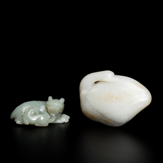 Two Chinese white and celadon jade carvings of a goose and of a lion with cub, Qing