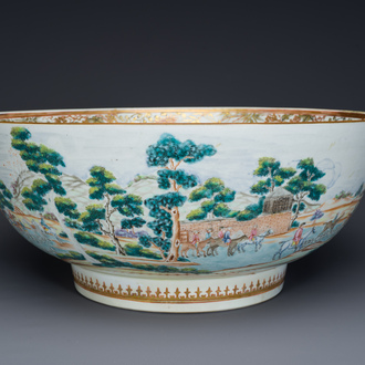 Grand bol en porcelaine de Chine famille rose à décor de la chasse aux renards, Qianlong