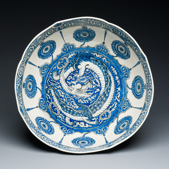 A large blue and white Safavid-style chinoiserie bowl, Samson, Paris, 19th C.