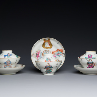 Trois tasses couvertes et soucoupes en porcelaine de Chine famille rose à décor 'Wu Shuang Pu', marque et époque de Tongzhi