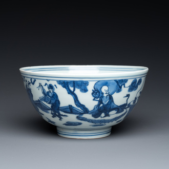 Een Chinese blauw-witte 'Acht onsterfelijken' kom, Jiajing merk en periode