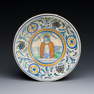 A rare polychrome Antwerp maiolica dish with 'Christ as the man of sorrows', ca. 1540-1550