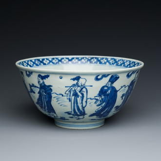 Bol en porcelaine de Chine en bleu et blanc à décor des 'huit immortels', marque et époque de Wanli
