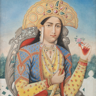 Ecole indienne: 'Portrait de la princesse Mumtaz Mahal au narguilé', gouache sur papier, 19ème