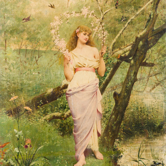 Jacques-Clément Wagrez (Ecole française, 1850-1908): 'Jeune femme à la guirlande', huile sur toile, datée 1881