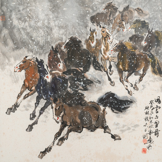 Ma Xinle 馬欣樂 (1963-): 'Douze chevaux dans la neige', encre et couleurs sur papier, daté 1993