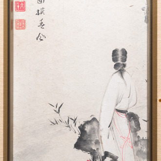 Chinese school, gesigneerd Zhang Daqian 張大千 (1898-1983): 'Schone in de tuin', inkt en kleur op papier, gedateerd 1975
