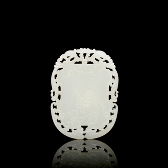 Plaque ajourée sculptée  en jade blanc, Chine, Qing