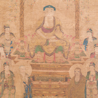 Chinese school: 'Boeddha gezeten op een lotustroon', inkt en kleur op zijde, 18/19e eeuw