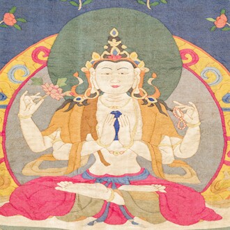 Een Chinees kesi geweven zijden doek met 'Boeddha zittend op een lotustroon', Qing