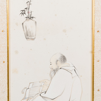 Chinese school, gesigneerd Zhang Daqian 張大千 (1898-1983): 'Een wijsgeer en kalligrafie', inkt en kleur op papier, gedateerd 1957