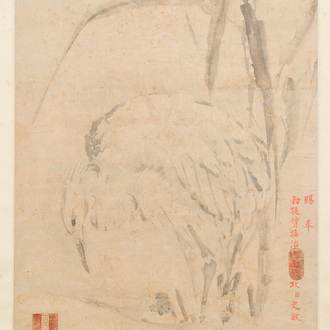 Ecole chinoise, anonyme, dans la collection de Shi Min 史敏 (1415-?): 'Héron et acorus', aquarelle sur papier, datée 1427 mais probablement plus tardive