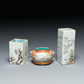 Two Chinese grisaille and qianjiang cai brush pots and a water pot, signature of Cheng Men 程門 and Qianlong marks, 20th C.