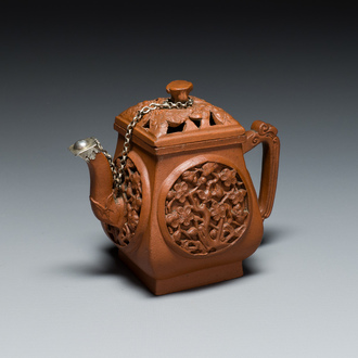 A Chinese reticulated double-walled Yixing stoneware teapot and cover, Kangxi