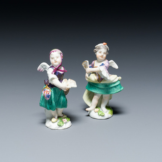 Deux amours déguisés en danseuse et courtisane en porcelaine polychrome de Meissen, Allemagne, 18ème