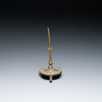 A bronze tripod pricket candlestick, the Low Countries, 14/15th C.